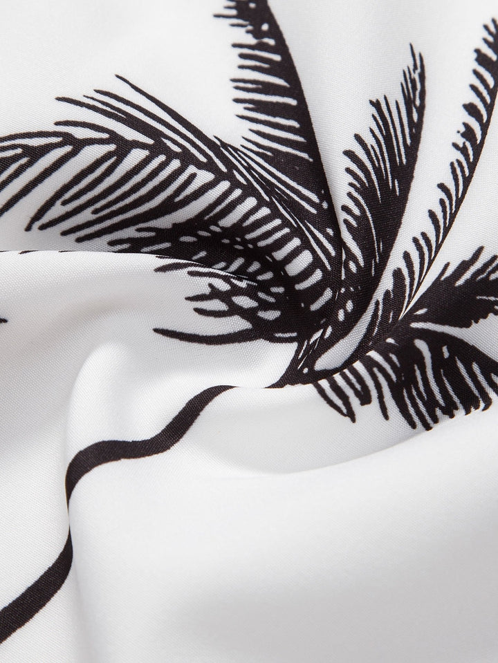 Palm tree print shirt paired with striped swim shorts set, made from 100% polyester, designed for a regular fit, perfect for summer beachwear. 5