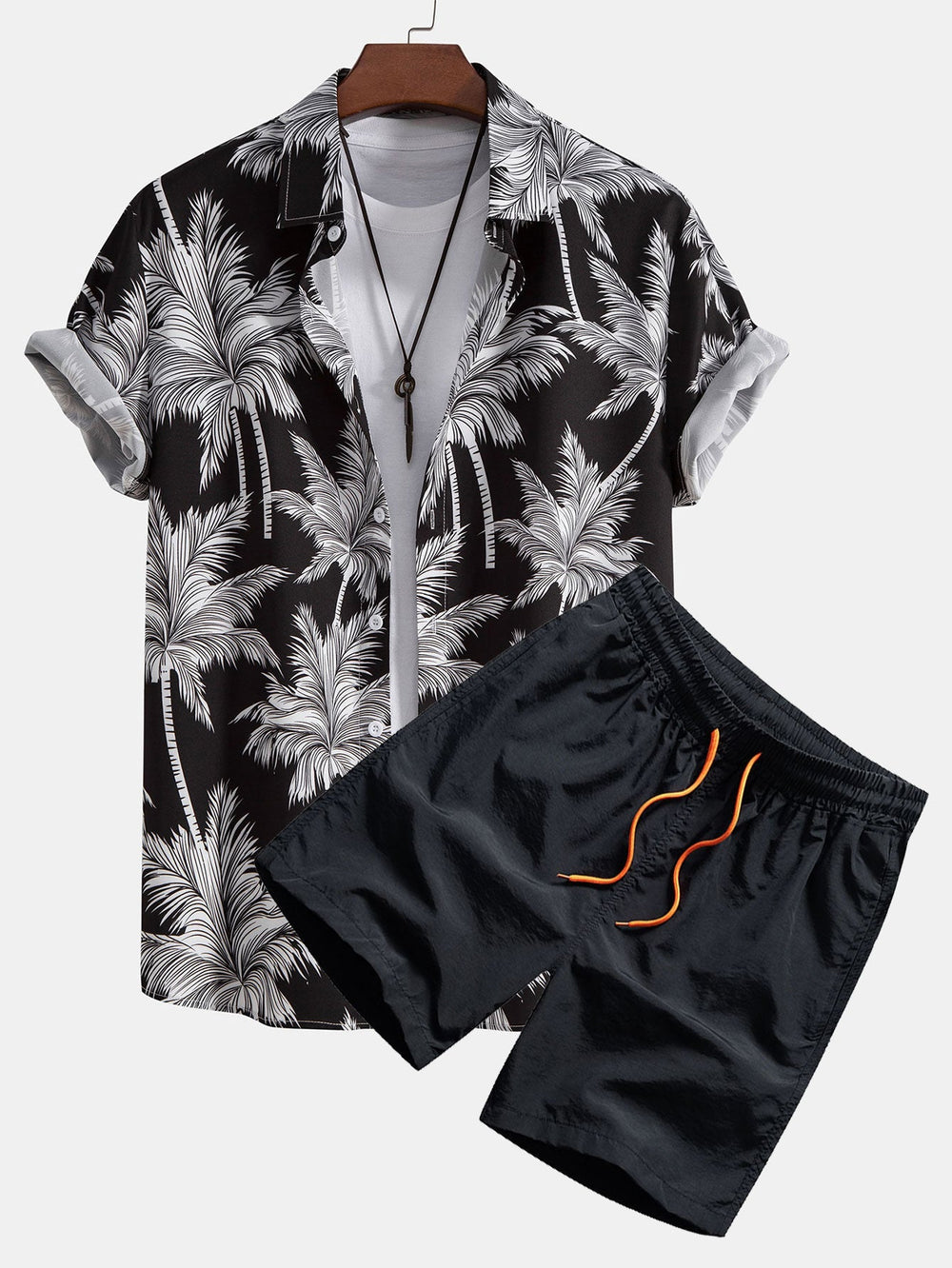 Palm Tree Print Shirt and Swim Shorts Set – 100% Polyester, Regular Fit, Casual Summer Apparel 1