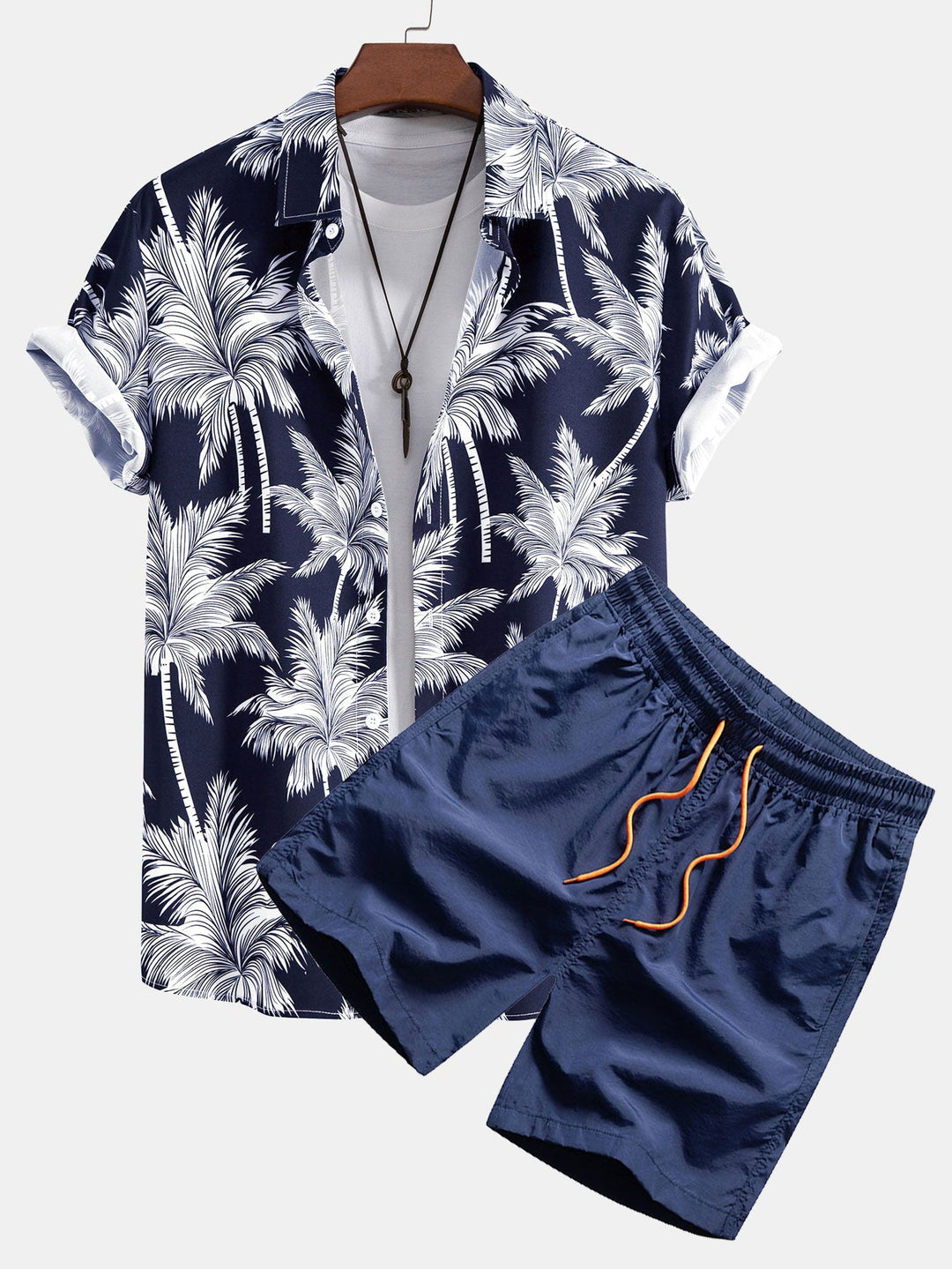 Palm Tree Print Shirt and Swim Shorts Set – 100% Polyester, Regular Fit, Casual Summer Apparel 2