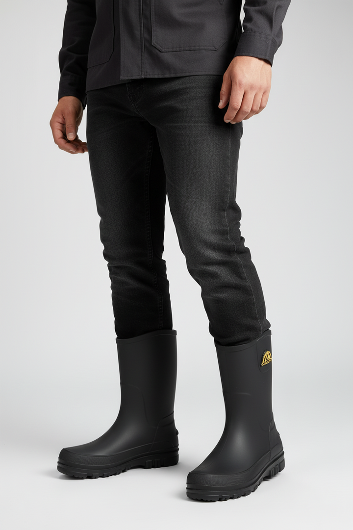 Men's waterproof rain boots featuring a slip-resistant sole, designed with a mid-calf height for optimal protection and comfort in wet conditions. 1