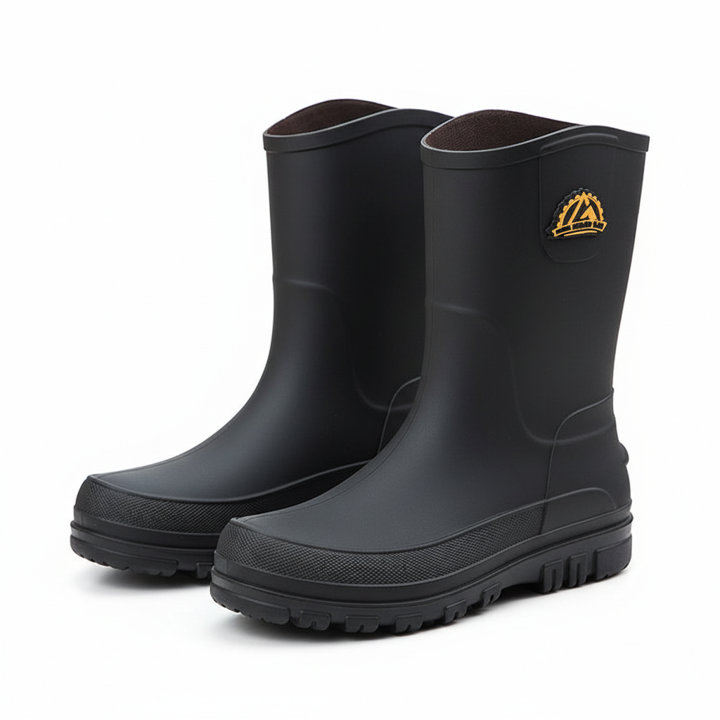 Men's waterproof rain boots featuring a slip-resistant sole, designed with a mid-calf height for optimal protection and comfort in wet conditions. 2