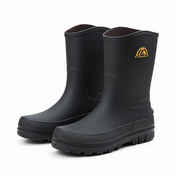 Men's waterproof rain boots featuring a slip-resistant sole, designed with a mid-calf height for optimal protection and comfort in wet conditions. 2