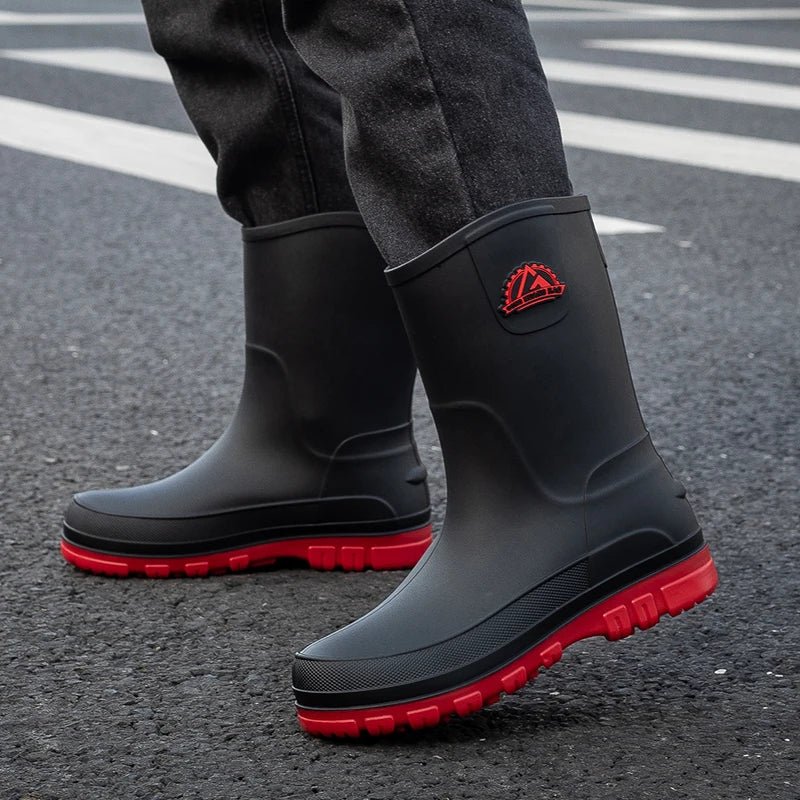 Men's waterproof rain boots featuring a slip-resistant sole, designed with a mid-calf height for optimal protection and comfort in wet conditions. 4