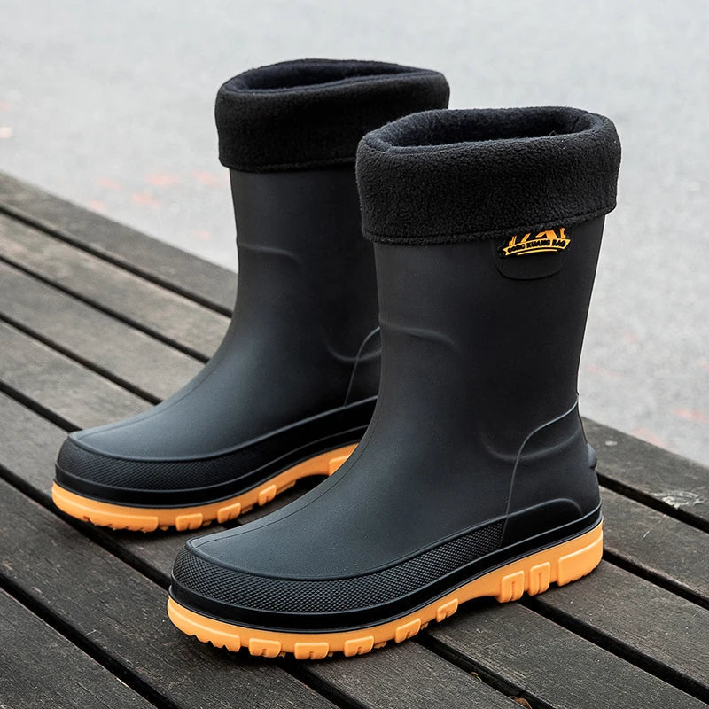 Men's waterproof rain boots featuring a slip-resistant sole, designed with a mid-calf height for optimal protection and comfort in wet conditions. 7