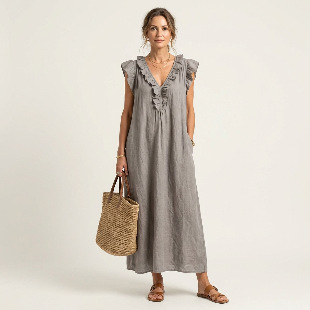 Ruffle V-Neck Maxi Dress in white made from a cotton linen blend, featuring side pockets and a relaxed fit, perfect for casual summer outings. 0