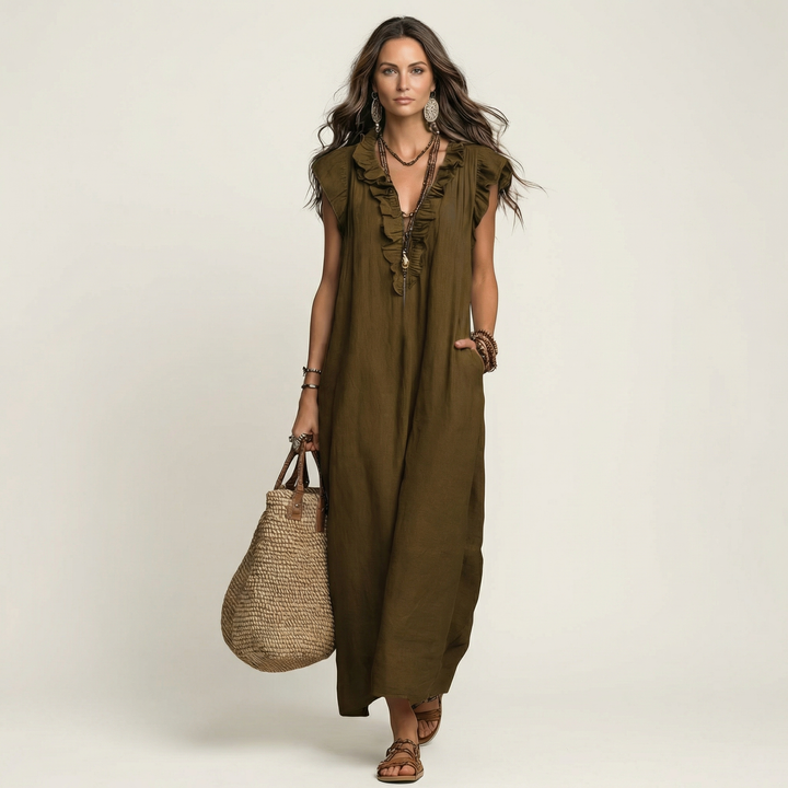Ruffle V-Neck Maxi Dress in white made from a cotton linen blend, featuring side pockets and a relaxed fit, perfect for casual summer outings. 10