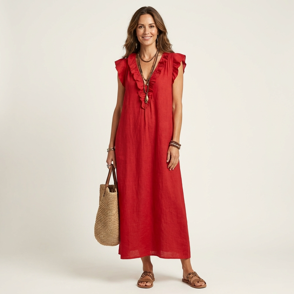 Ruffle V-Neck Maxi Dress in white made from a cotton linen blend, featuring side pockets and a relaxed fit, perfect for casual summer outings. 2
