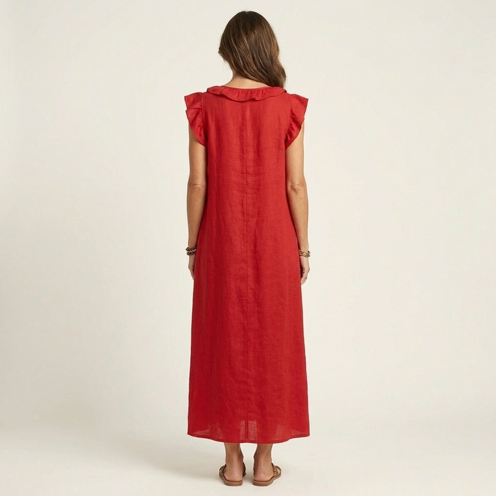 Ruffle V-Neck Maxi Dress in white made from a cotton linen blend, featuring side pockets and a relaxed fit, perfect for casual summer outings. 3
