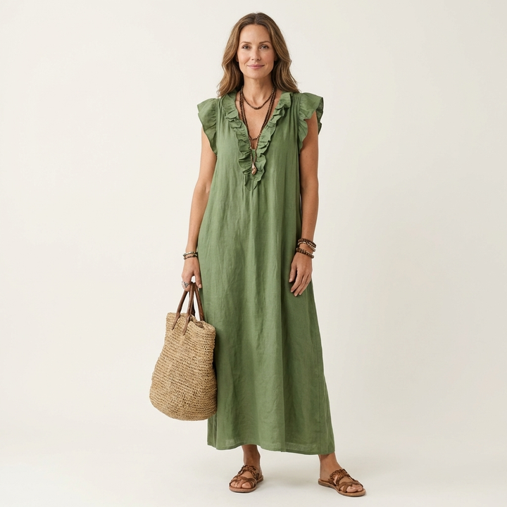 Ruffle V-Neck Maxi Dress in white made from a cotton linen blend, featuring side pockets and a relaxed fit, perfect for casual summer outings. 4