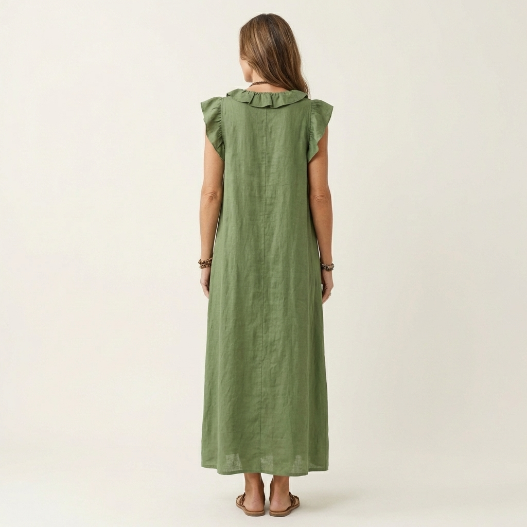 Ruffle V-Neck Maxi Dress in white made from a cotton linen blend, featuring side pockets and a relaxed fit, perfect for casual summer outings. 5