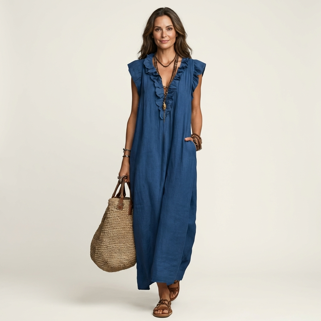 Ruffle V-Neck Maxi Dress in white made from a cotton linen blend, featuring side pockets and a relaxed fit, perfect for casual summer outings. 6