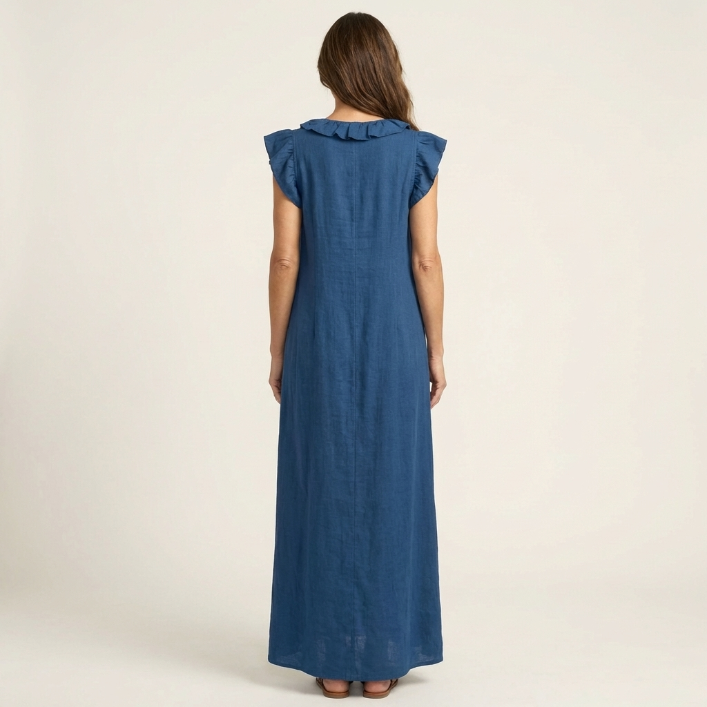Ruffle V-Neck Maxi Dress in white made from a cotton linen blend, featuring side pockets and a relaxed fit, perfect for casual summer outings. 7
