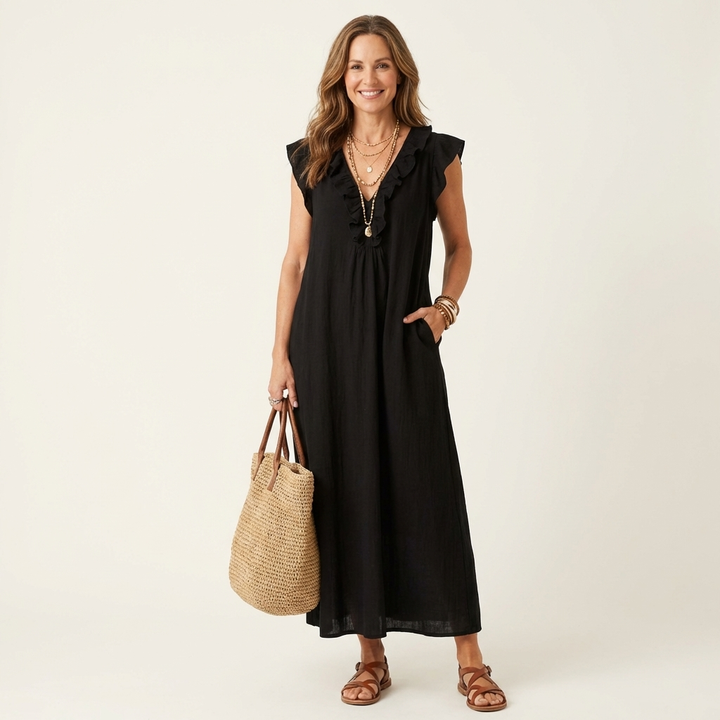 Ruffle V-Neck Maxi Dress in white made from a cotton linen blend, featuring side pockets and a relaxed fit, perfect for casual summer outings. 8