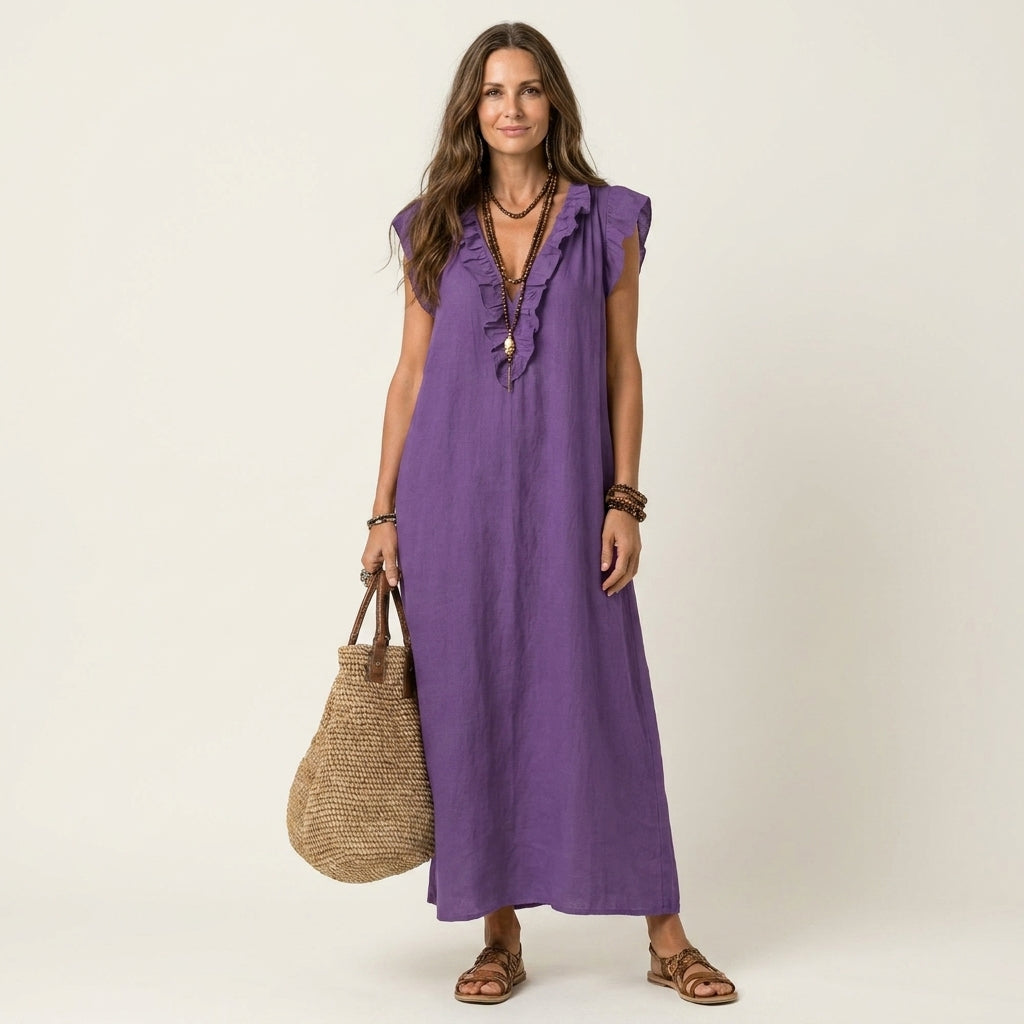 Ruffle V-Neck Maxi Dress in white made from a cotton linen blend, featuring side pockets and a relaxed fit, perfect for casual summer outings. 9