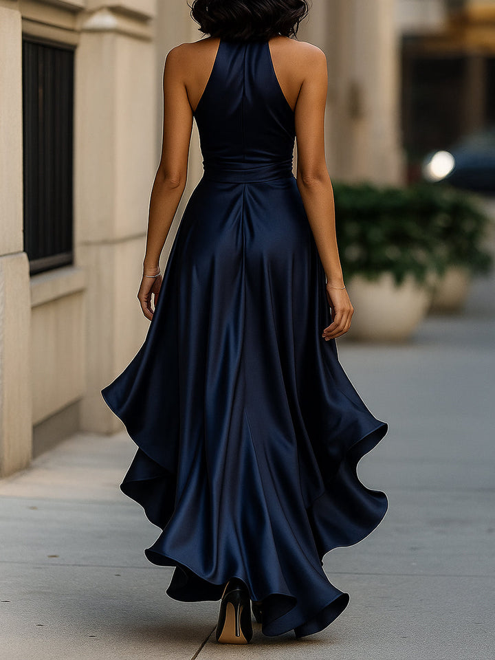 Satin gown with high-low hem and ruffles in midnight navy, perfect formal wedding guest dress. 1