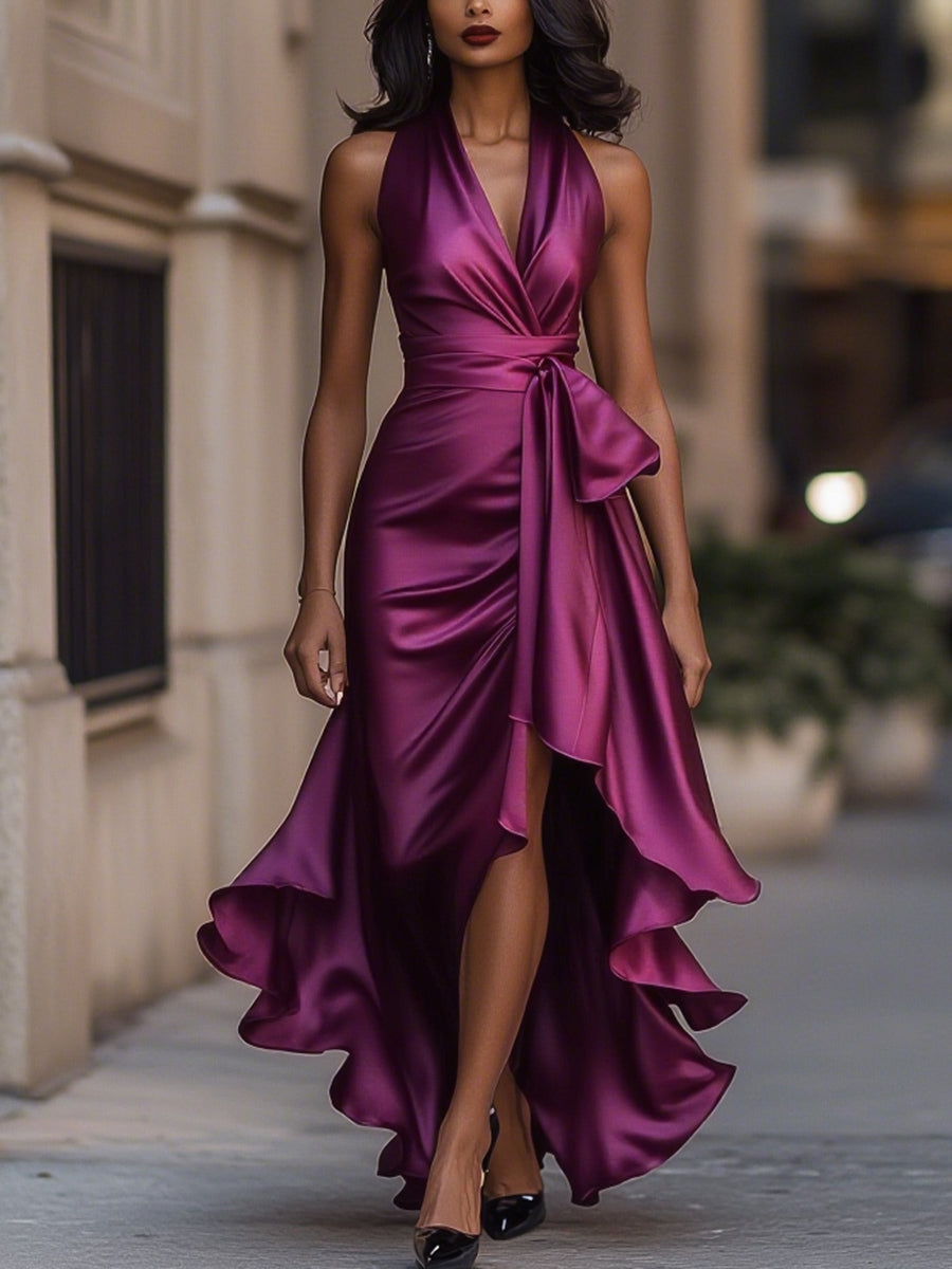 Satin gown with high-low hem and ruffles in midnight navy, perfect formal wedding guest dress. 13