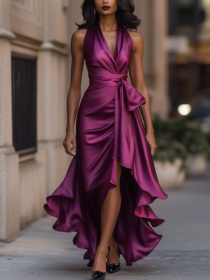 Satin gown with high-low hem and ruffles in midnight navy, perfect formal wedding guest dress. 13