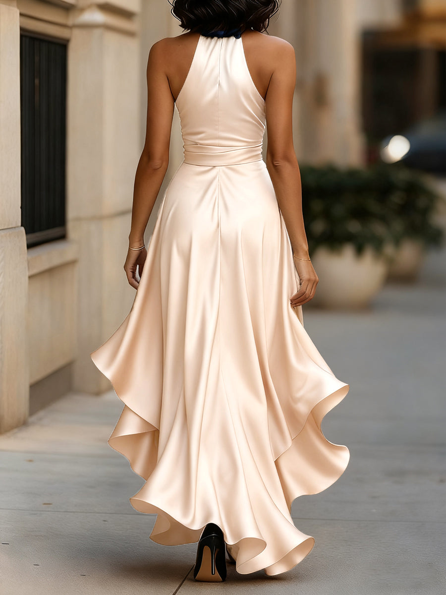 Satin gown with high-low hem and ruffles in midnight navy, perfect formal wedding guest dress. 5