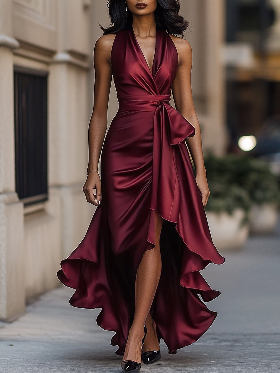 Satin gown with high-low hem and ruffles in midnight navy, perfect formal wedding guest dress. 6