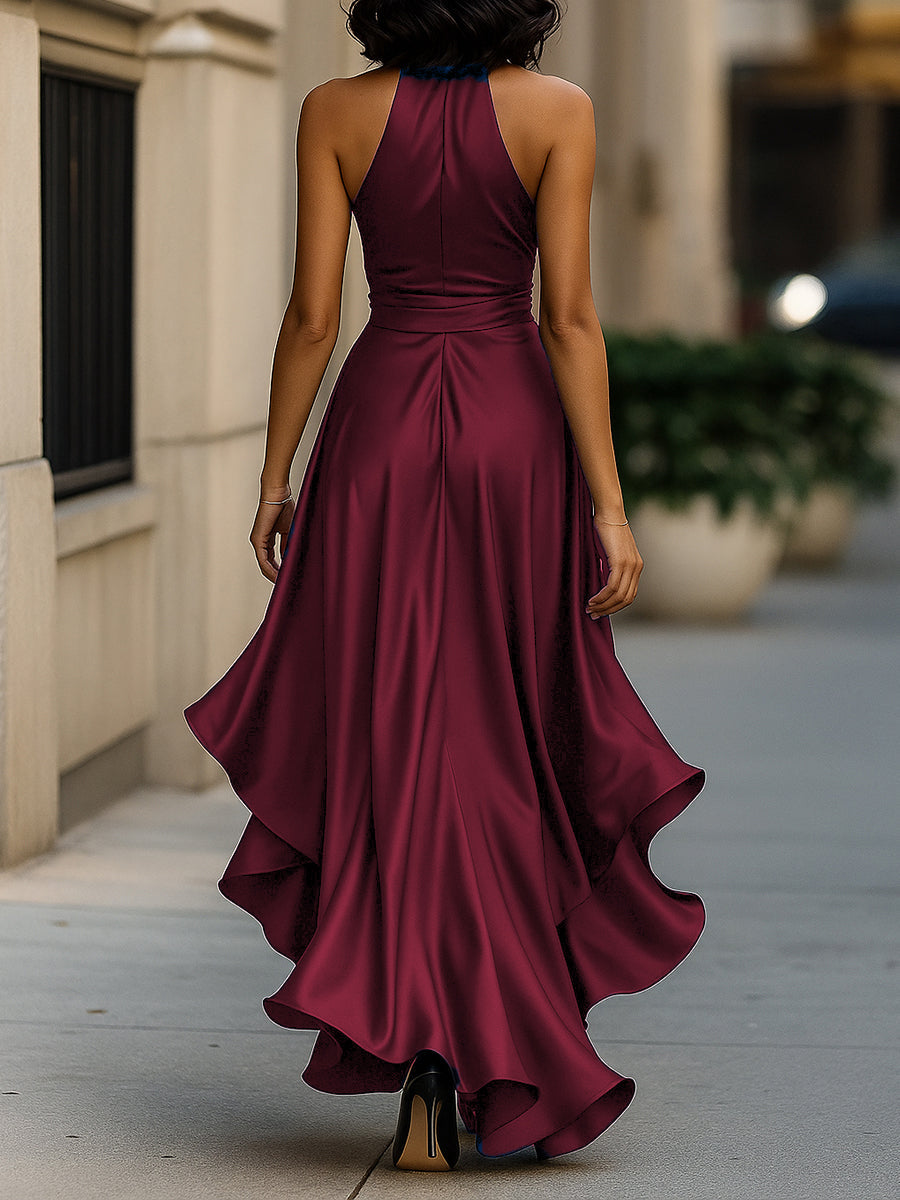 Satin gown with high-low hem and ruffles in midnight navy, perfect formal wedding guest dress. 7