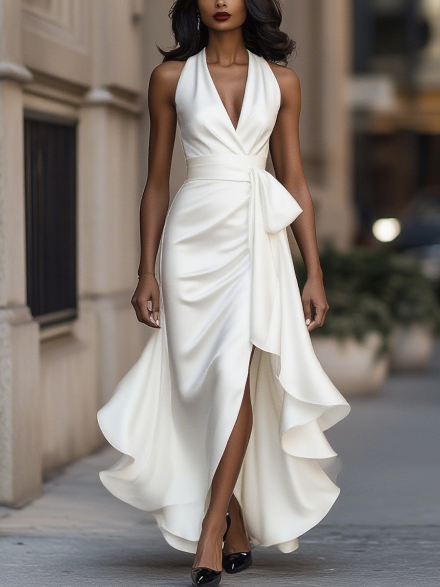 Satin gown with high-low hem and ruffles in midnight navy, perfect formal wedding guest dress. 8