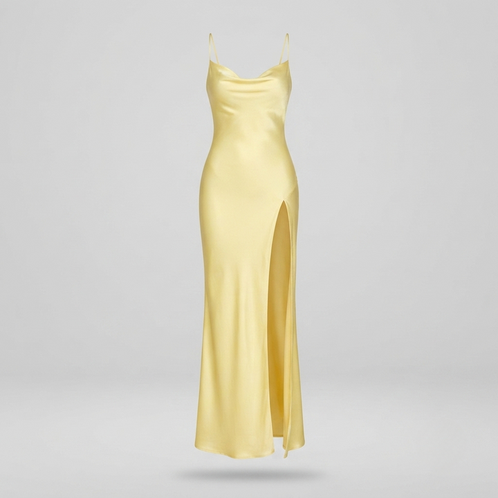 Satin halter neck maxi dress in butter yellow featuring a thigh-high slit, perfect for elegant evening events and summer occasions. 1