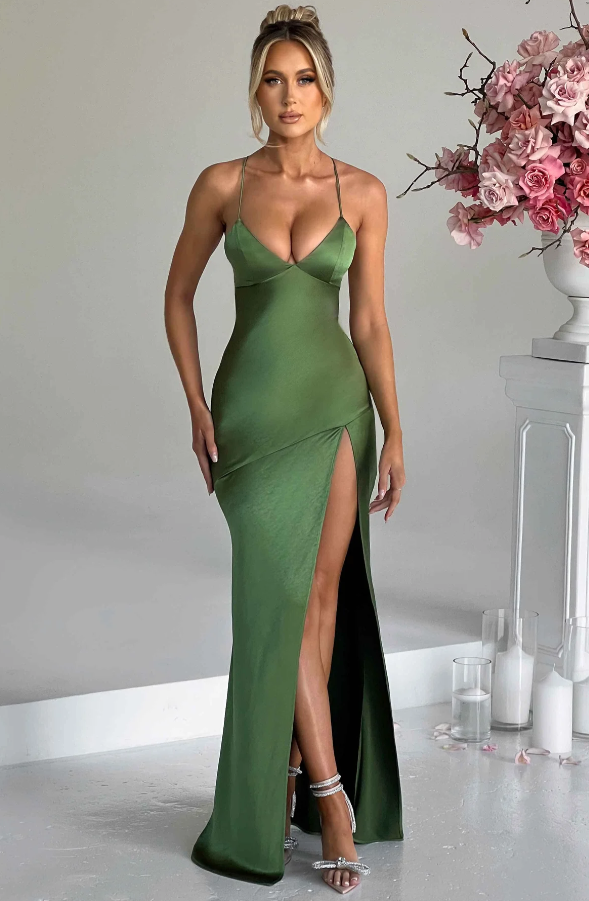 Satin halter neck maxi dress in butter yellow featuring a thigh-high slit, perfect for elegant evening events and summer occasions. 11