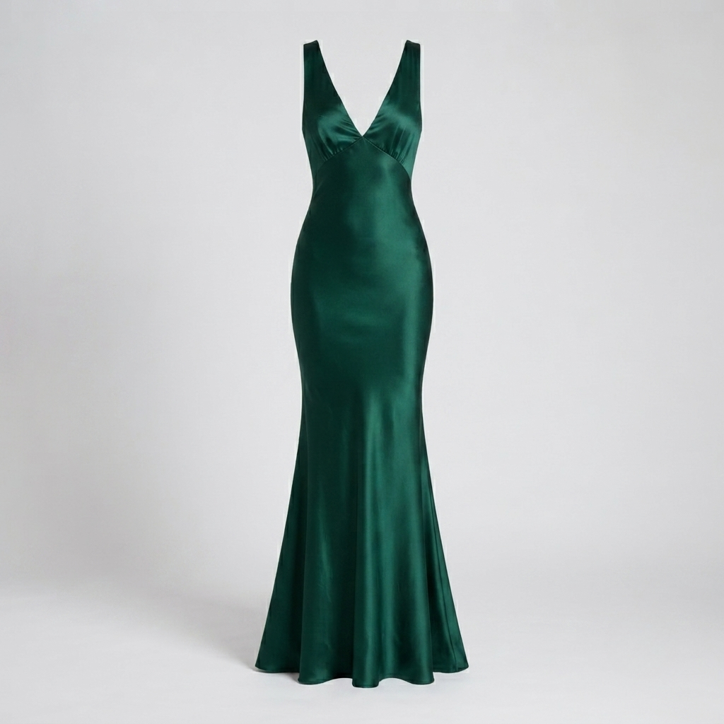 Satin maxi evening dress in emerald green featuring a deep V-neckline and elegant mermaid silhouette, perfect for formal occasions and special events. 1