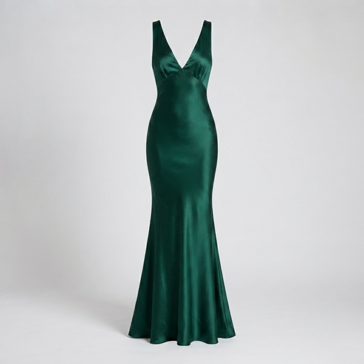 Satin maxi evening dress in emerald green featuring a deep V-neckline and elegant mermaid silhouette, perfect for formal occasions and special events. 1