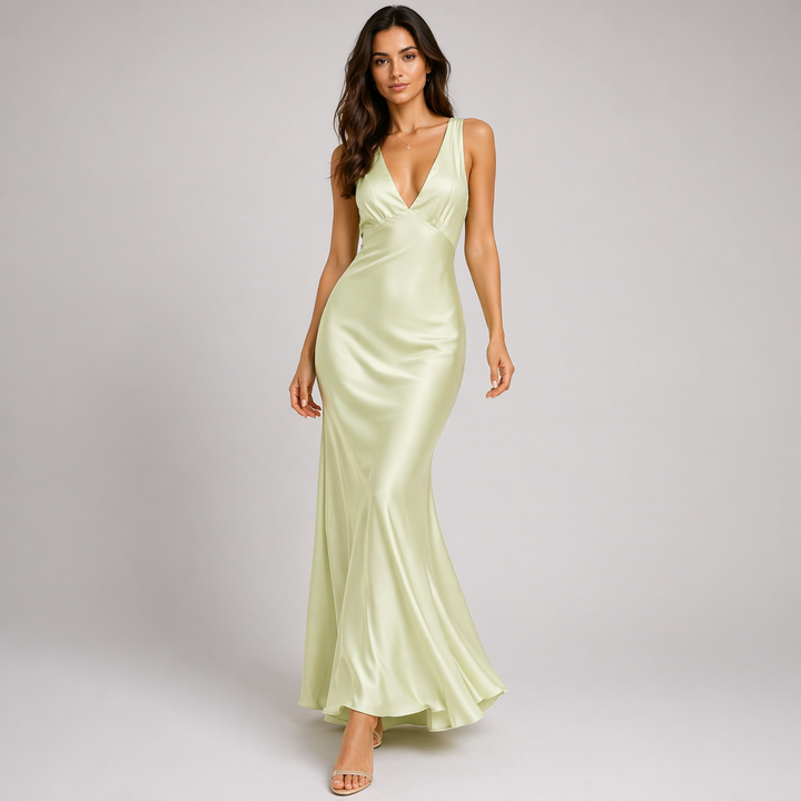 Satin maxi evening dress in emerald green featuring a deep V-neckline and elegant mermaid silhouette, perfect for formal occasions and special events. 9
