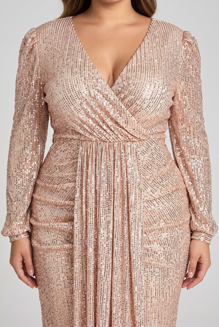 Champagne gold plus size sequin cocktail midi dress featuring a V-neck, empire waist, and elegant long balloon sleeves, perfect for formal occasions. 3