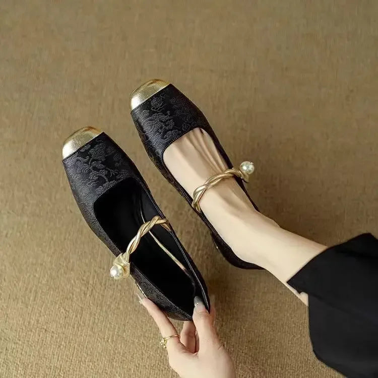 Elegant silk-like evening pumps featuring a pearl strap and embellished square heel, perfect for formal occasions. 7