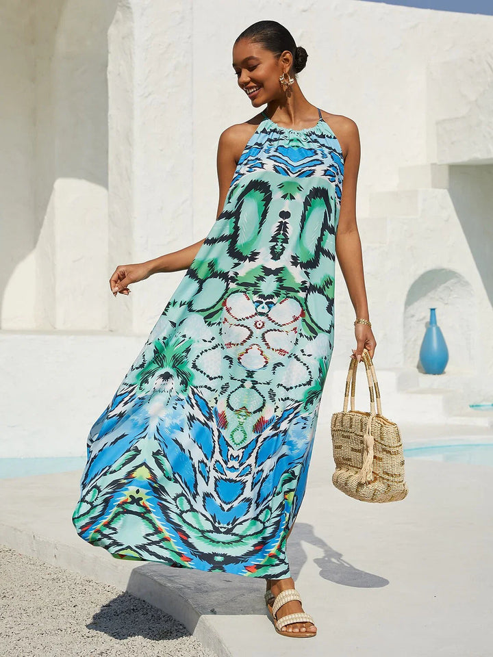 Silky satin maxi dress with halter neck in python print for women, featuring a relaxed fit and elegant long design, perfect for special occasions or casual 0