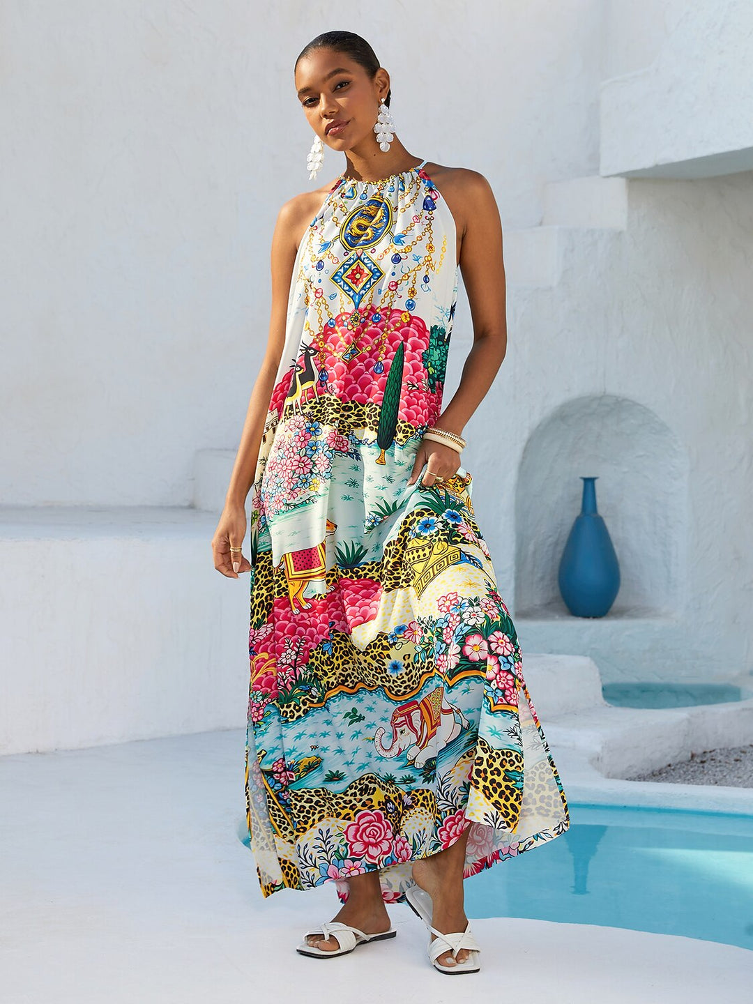Silky satin maxi dress with halter neck in python print for women, featuring a relaxed fit and elegant long design, perfect for special occasions or casual 10