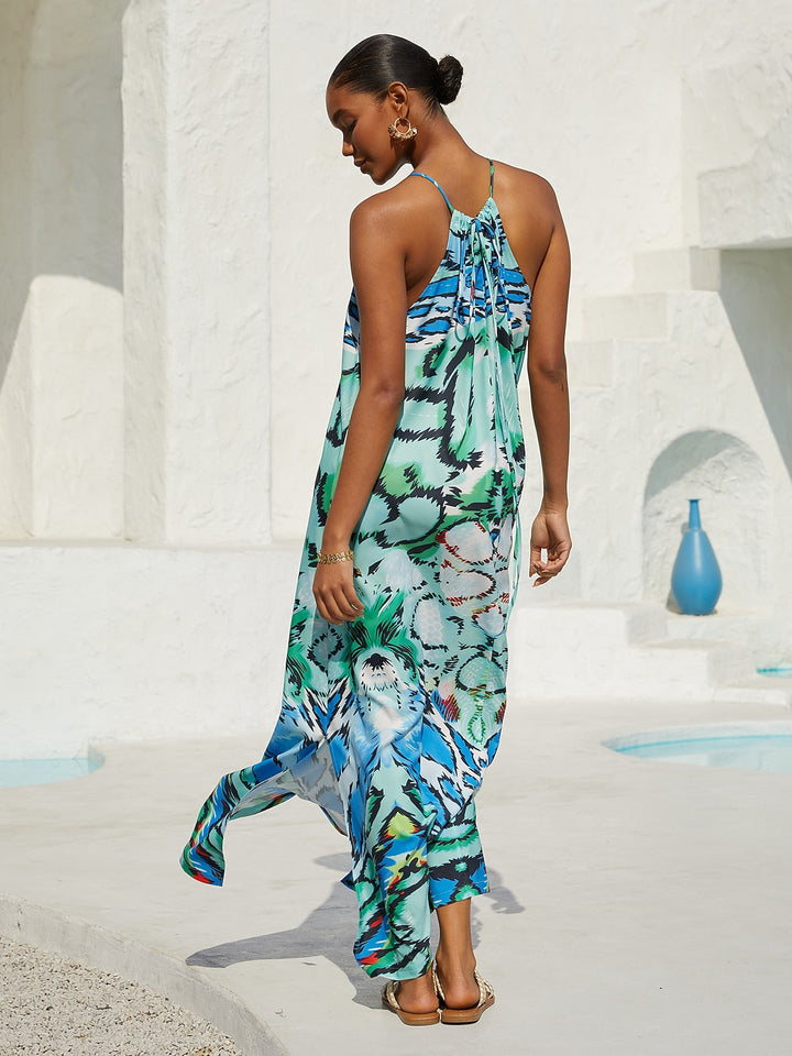 Silky satin maxi dress with halter neck in python print for women, featuring a relaxed fit and elegant long design, perfect for special occasions or casual 8