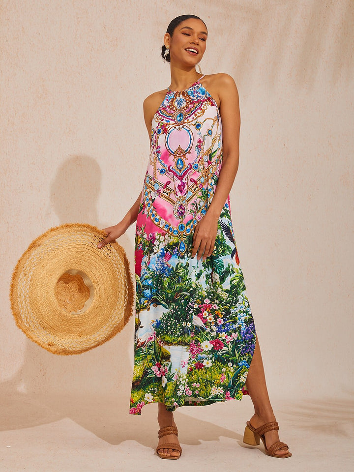 Silky satin maxi dress with halter neck in python print for women, featuring a relaxed fit and elegant long design, perfect for special occasions or casual 9