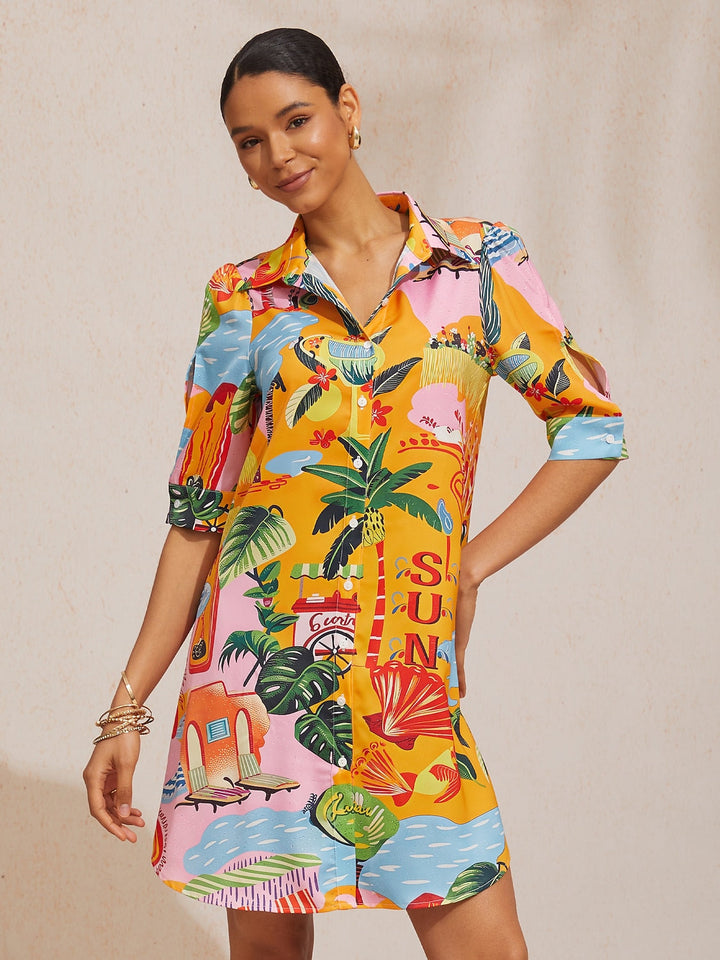 Silky satin shirt dress for women featuring a vibrant floral design in deep green hibiscus, offering a relaxed fit and tropical style perfect for summer outings. 14