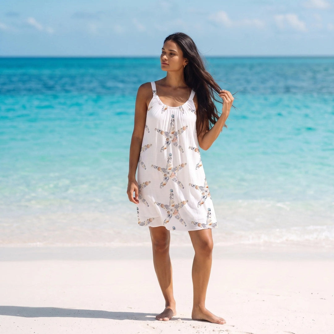 Sleeveless beach dress for women featuring a quick-dry A-line design with a vibrant ocean print, available in plus sizes S-5XL, perfect 0