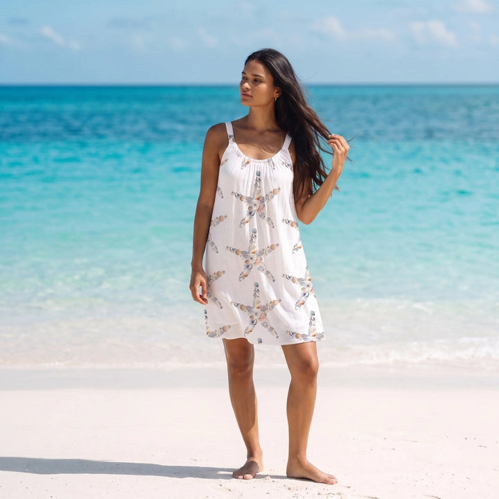 Sleeveless beach dress for women featuring a quick-dry A-line design with a vibrant ocean print, available in plus sizes S-5XL, perfect 0