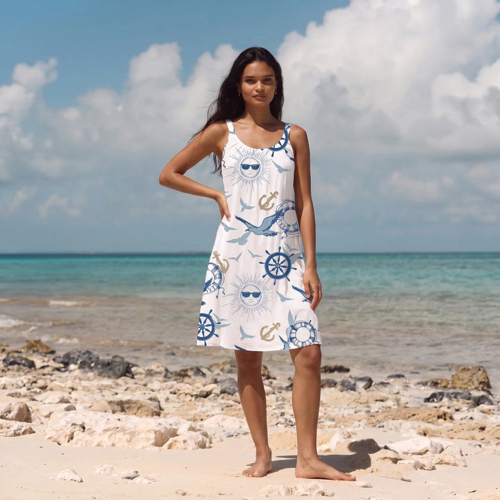 Sleeveless beach dress for women featuring a quick-dry A-line design with a vibrant ocean print, available in plus sizes S-5XL, perfect 1