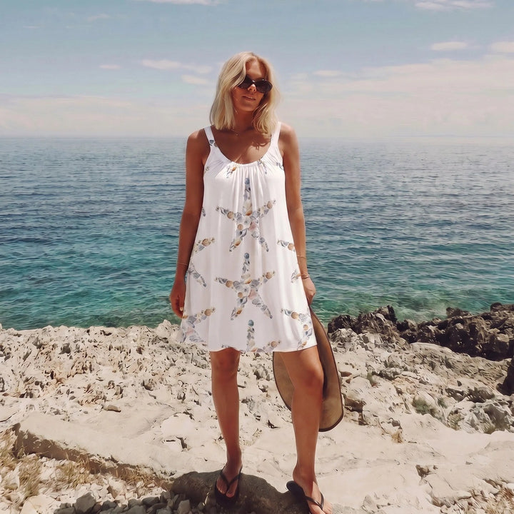 Sleeveless beach dress for women featuring a quick-dry A-line design with a vibrant ocean print, available in plus sizes S-5XL, perfect 2