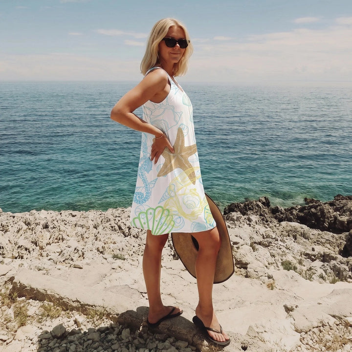 Sleeveless beach dress for women featuring a quick-dry A-line design with a vibrant ocean print, available in plus sizes S-5XL, perfect 3