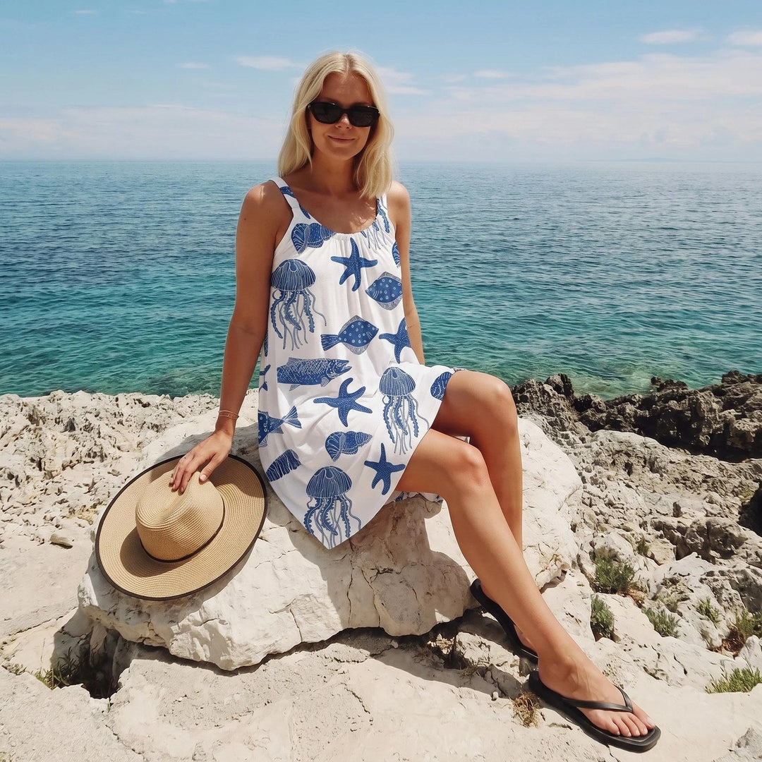 Sleeveless beach dress for women featuring a quick-dry A-line design with a vibrant ocean print, available in plus sizes S-5XL, perfect 4