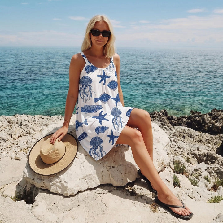 Sleeveless beach dress for women featuring a quick-dry A-line design with a vibrant ocean print, available in plus sizes S-5XL, perfect 4