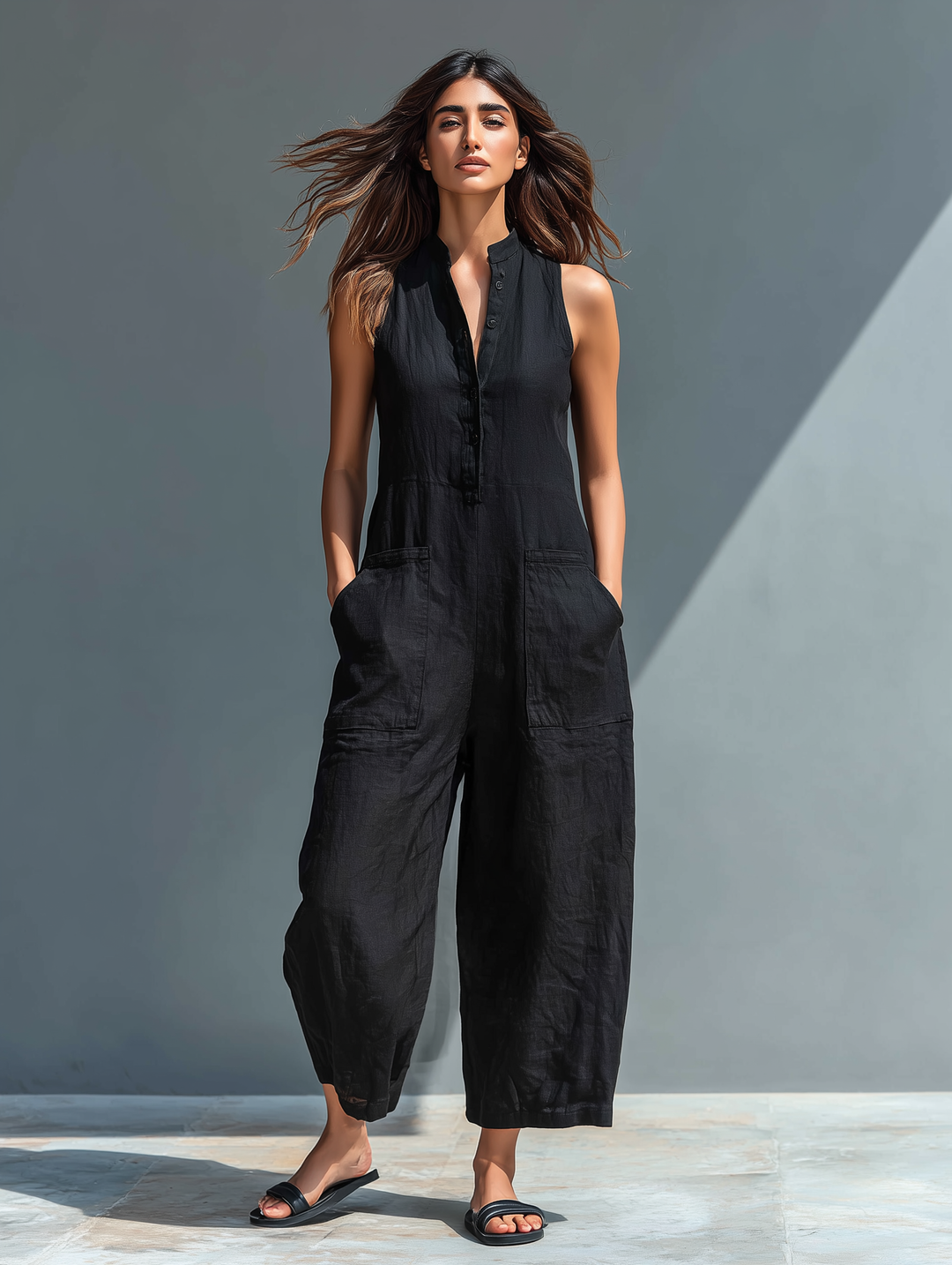 Sleeveless jumpsuit with a stylish mandarin collar, made from lightweight fabric for an elegant and comfortable look, perfect for any occasion. 0