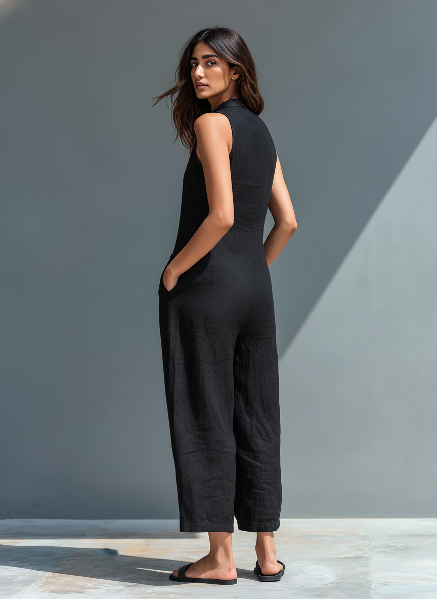 Sleeveless jumpsuit with a stylish mandarin collar, made from lightweight fabric for an elegant and comfortable look, perfect for any occasion. 2
