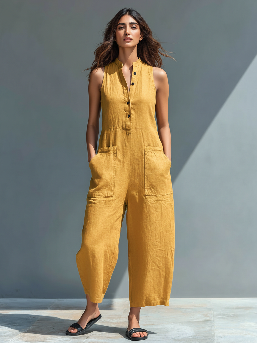 Sleeveless jumpsuit with a stylish mandarin collar, made from lightweight fabric for an elegant and comfortable look, perfect for any occasion. 5