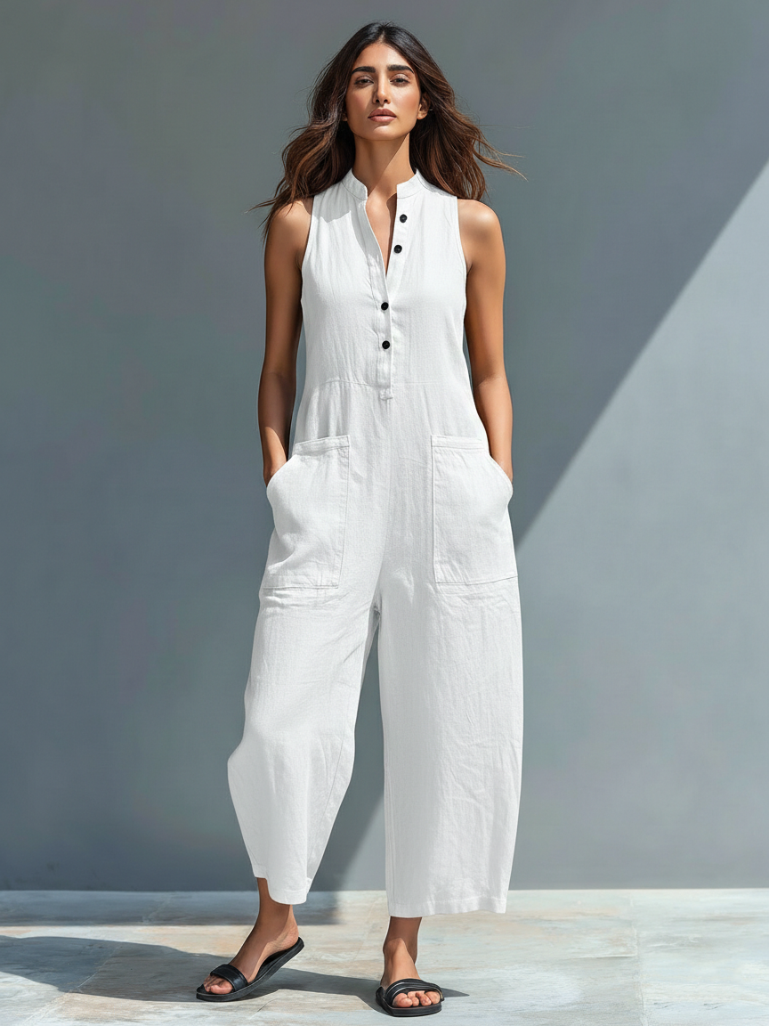 Sleeveless jumpsuit with a stylish mandarin collar, made from lightweight fabric for an elegant and comfortable look, perfect for any occasion. 6