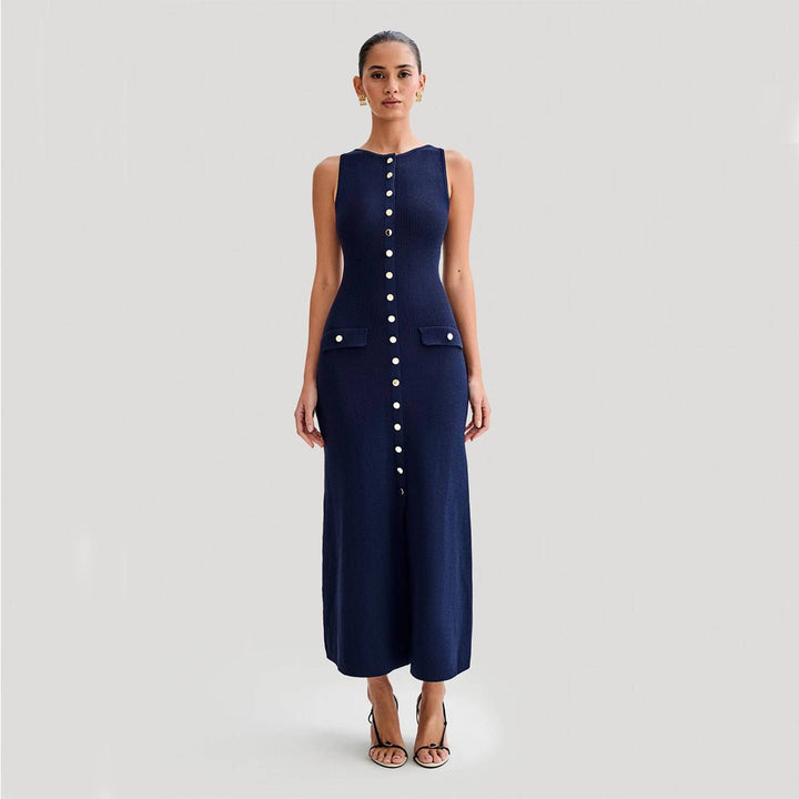 Sleeveless maxi dress featuring a button front, flap pockets, and a ribbed knit design, perfect for casual summer outings for women. 0