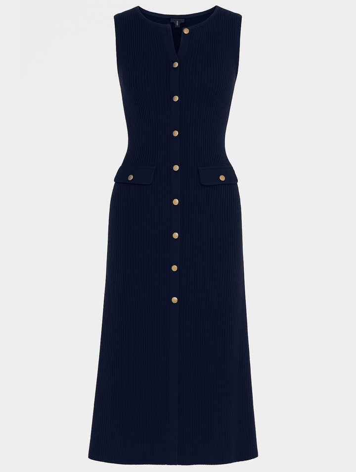 Sleeveless maxi dress featuring a button front, flap pockets, and a ribbed knit design, perfect for casual summer outings for women. 3